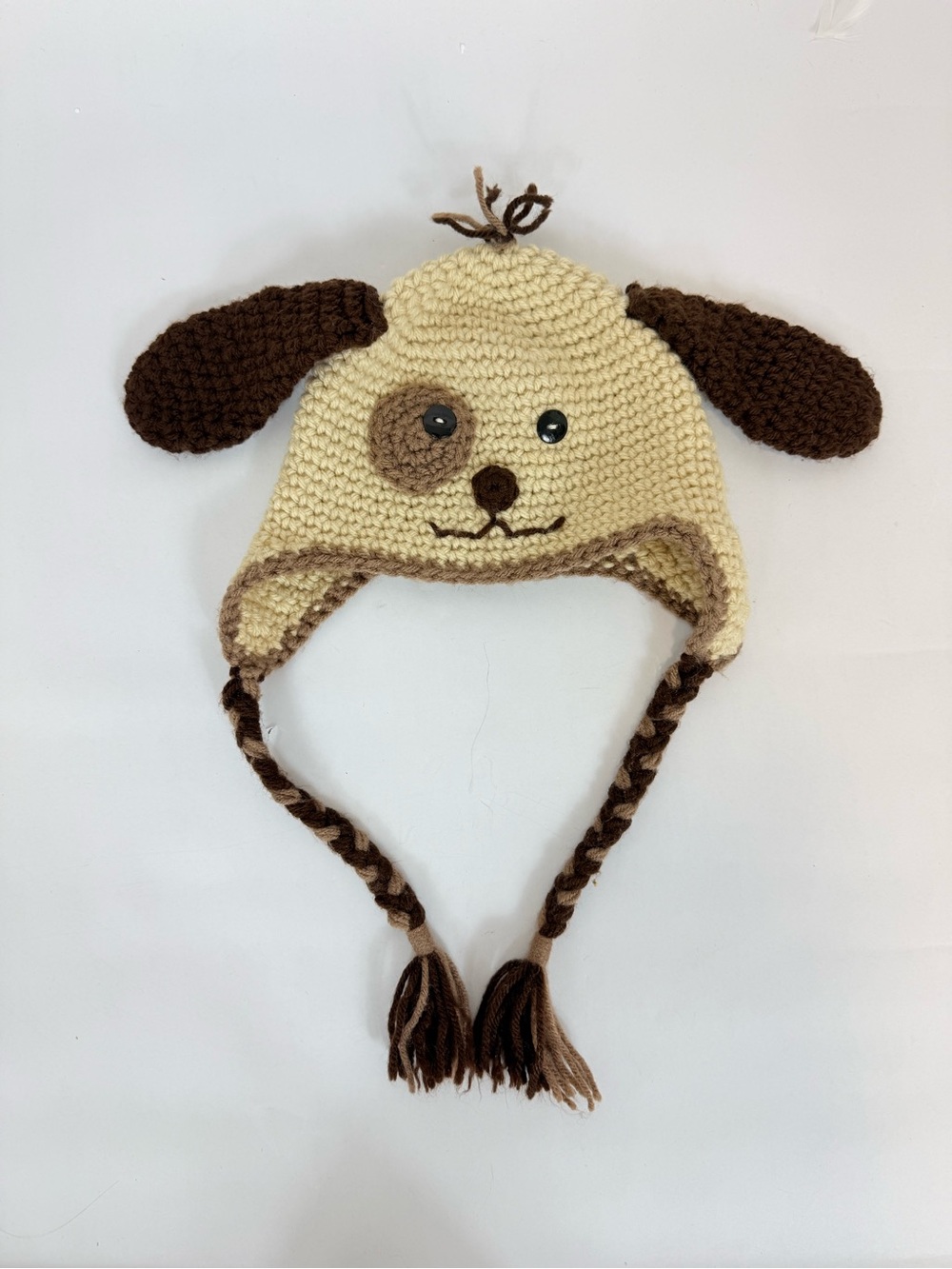 Crocheted Puppy Earflap Hat - Cream & Brown